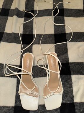 Vivianly White Lace-Up Square Toe Strappy Sandals